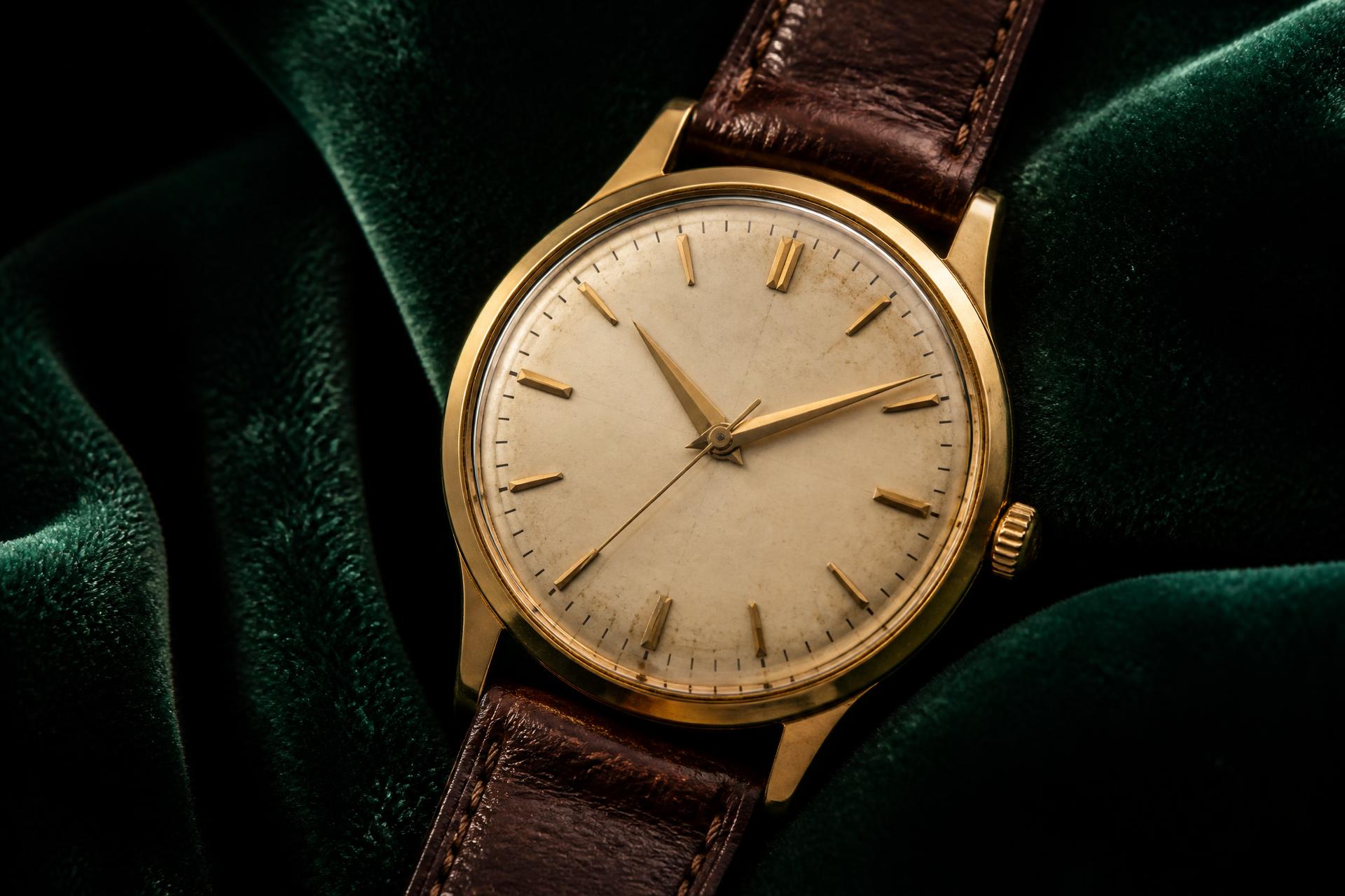 Vintage gold dress watch on deep green velvet